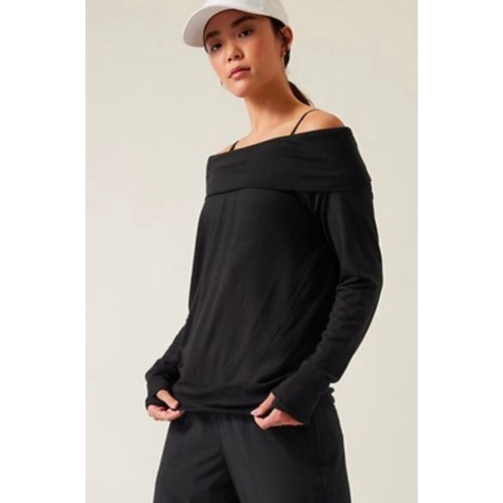 Athleta Studio Barre Sweatshirt Size Medium Women Black Off The Shoulder Soft